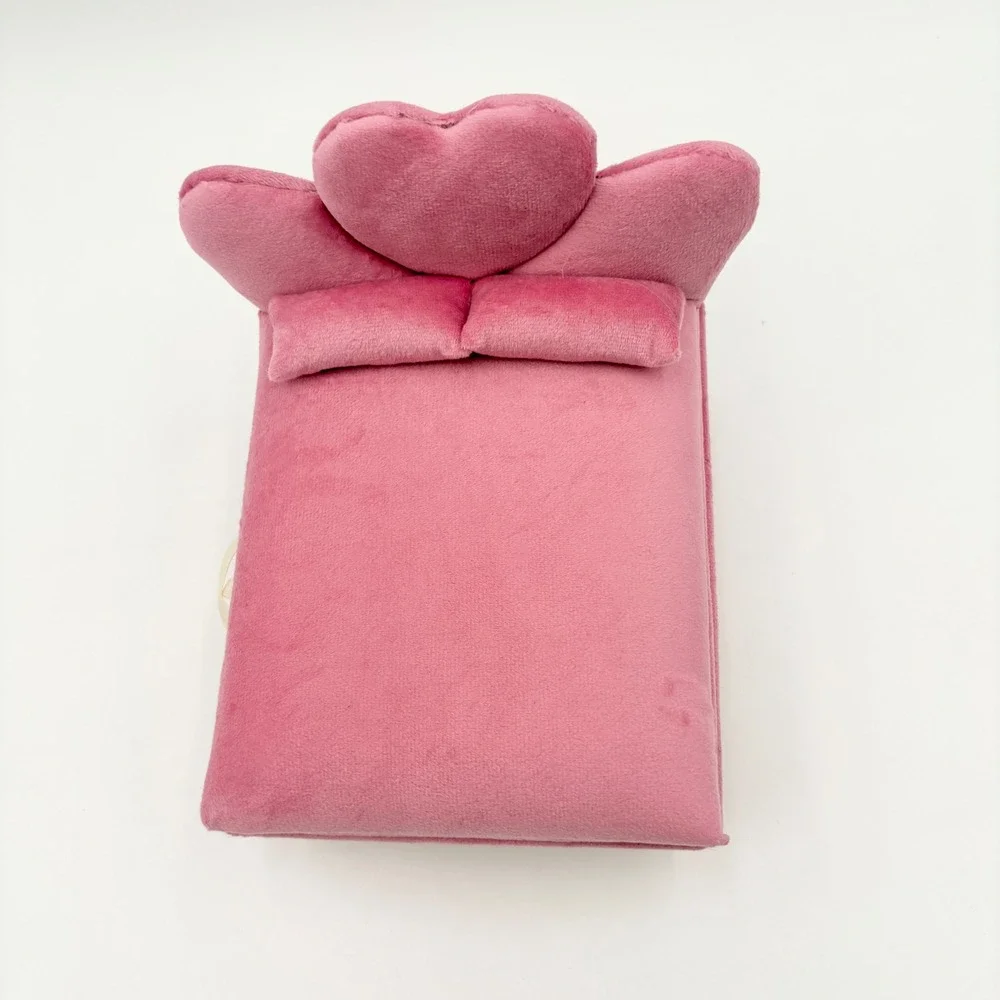 Pink Velvet Bed Jewelry Box Heart Headboard Mirror Ring Storage Gold Legs